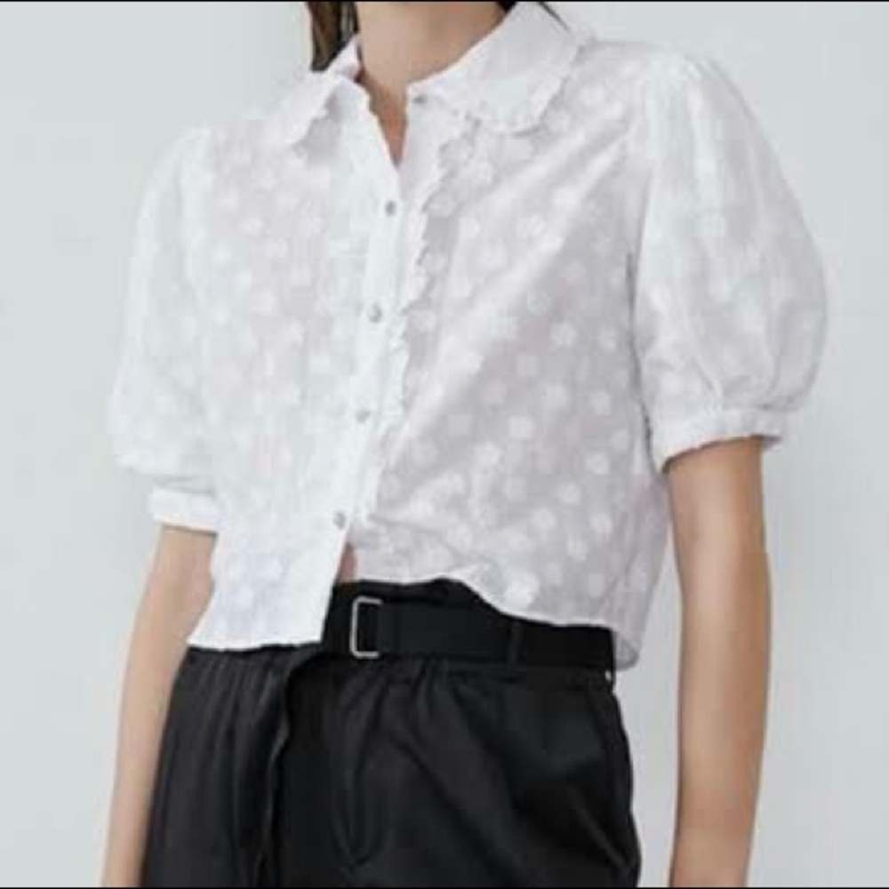 Zara White Floral Puffed Sleeves Top with Gem Buttons